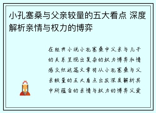 小孔塞桑与父亲较量的五大看点 深度解析亲情与权力的博弈