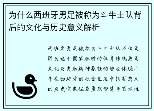 为什么西班牙男足被称为斗牛士队背后的文化与历史意义解析